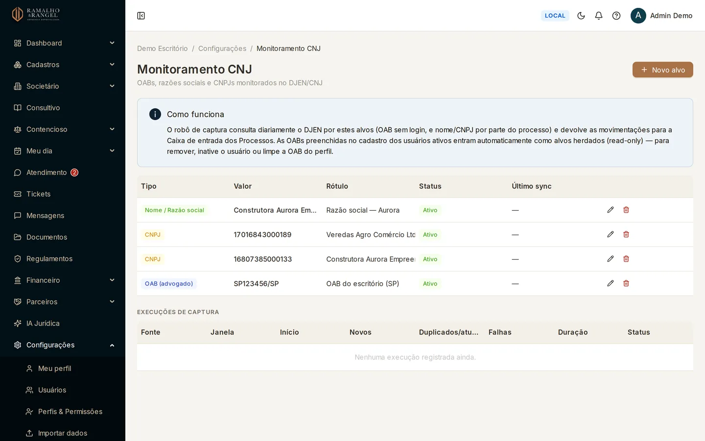 Abra Configurações › Monitoramento. A lista mostra tudo o que o robô consulta no DJEN — tipo, valor, rótulo, situação e o último sync.