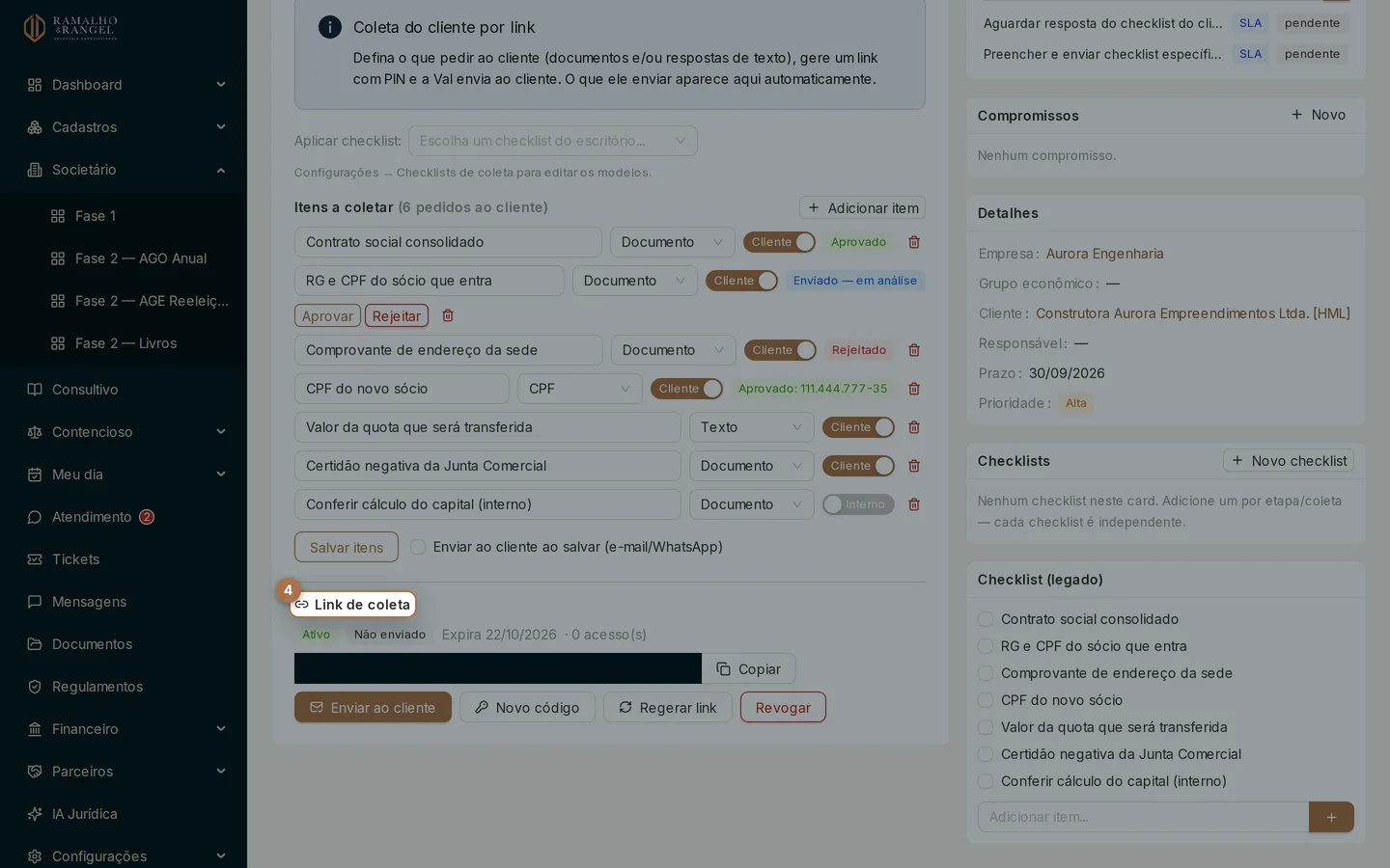O bloco Link de coleta resume a situação: estado do link, situação do envio, data de expiração e quantas vezes o cliente acessou.