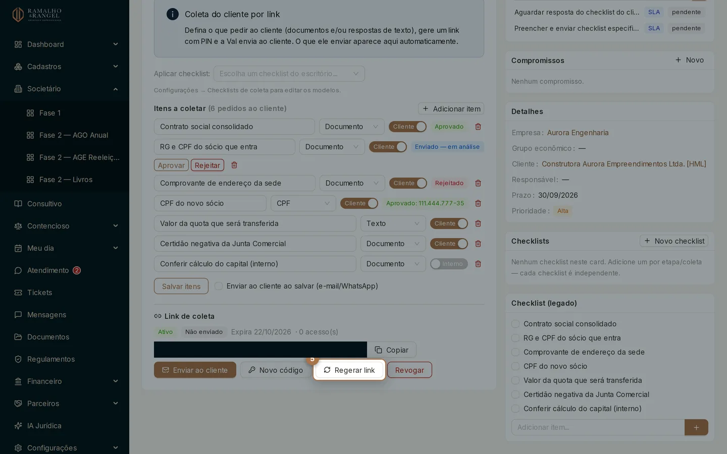 Zero acesso depois de dois dias costuma ser mensagem que não chegou. Novo código mantém a mesma URL; Regerar link cria outra e invalida a anterior.