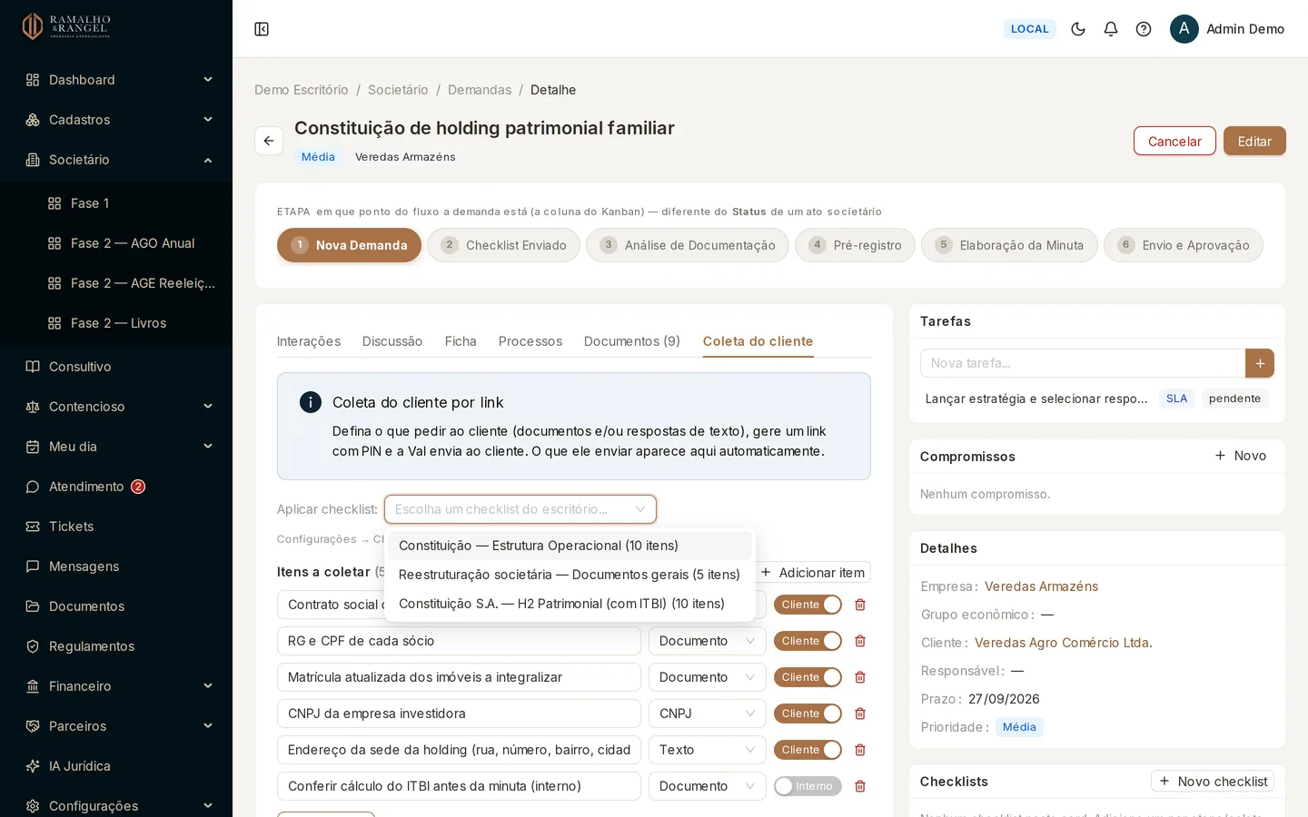 Em Aplicar checklist você parte de um modelo do escritório. Os itens são acrescentados à lista, sem duplicar o que já estava lá.