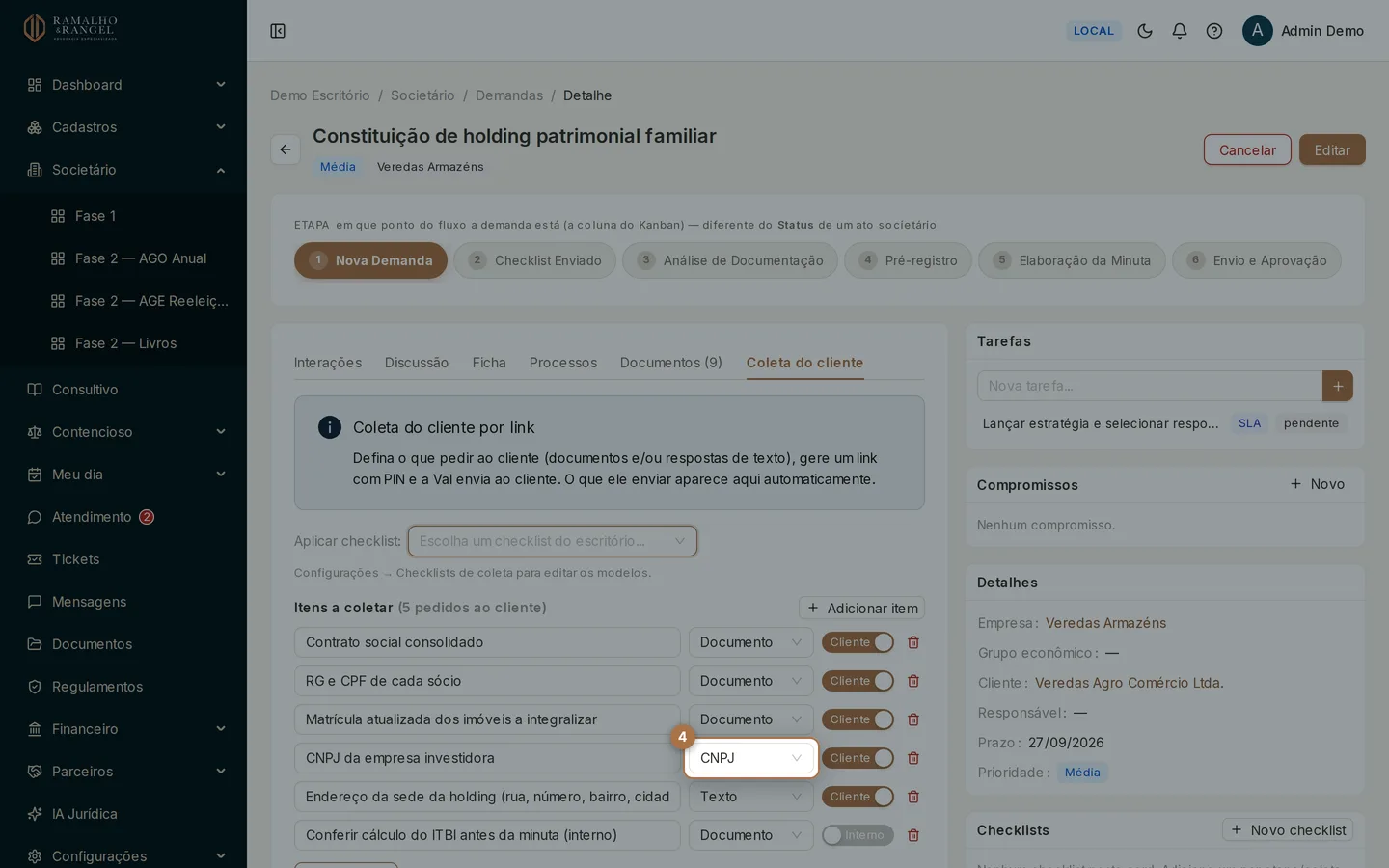Cada linha tem um tipo: Documento, Texto, Sim/Não, CPF ou CNPJ. Em CPF e CNPJ o cliente recebe a máscara e o sistema confere os dígitos.