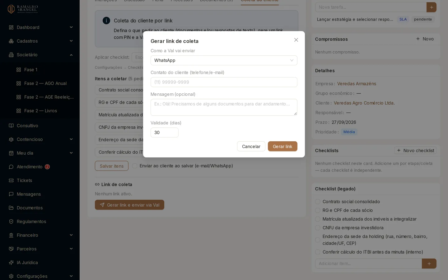 Em Gerar link você escolhe o canal, o contato, uma mensagem de abertura e a validade. Ao confirmar, a tela mostra o link e o código — o código aparece uma vez só.