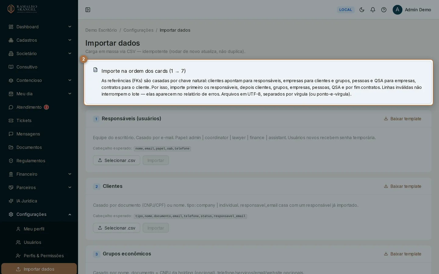 O aviso do topo traz a regra principal: importar na ordem dos cartões, de 1 a 7, porque cada arquivo aponta para o anterior.