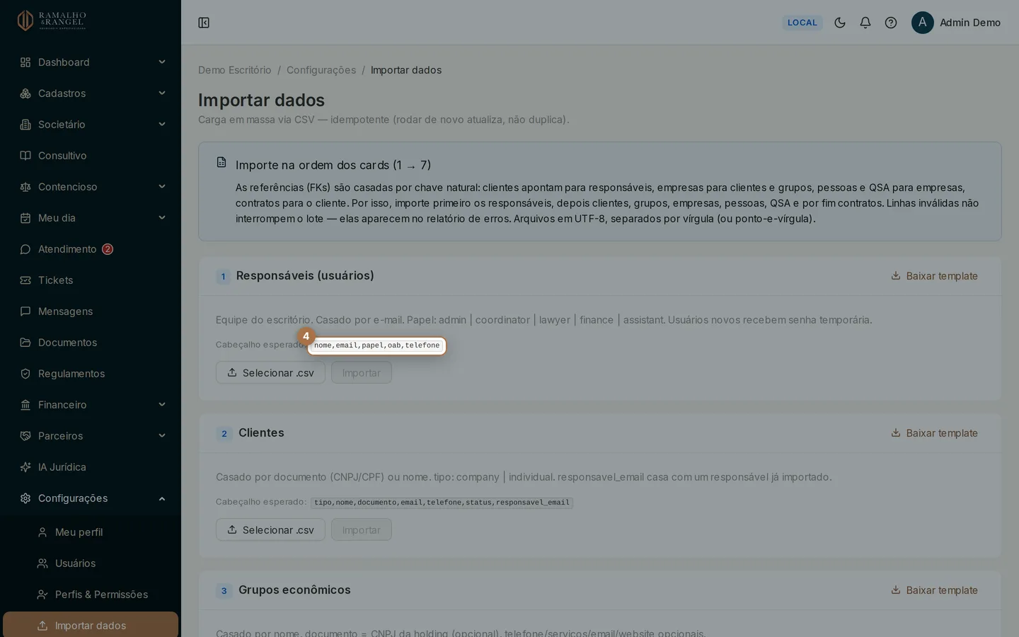 O cartão diz o cabeçalho esperado e por qual informação o sistema reconhece o registro. Nos responsáveis, o reconhecimento é pelo e-mail.