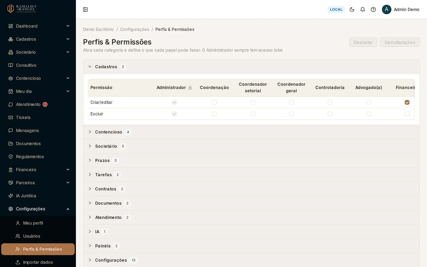 Configurações › Perfis & Permissões mostra a matriz: nas colunas os papéis, nas linhas as permissões, agrupadas por assunto.