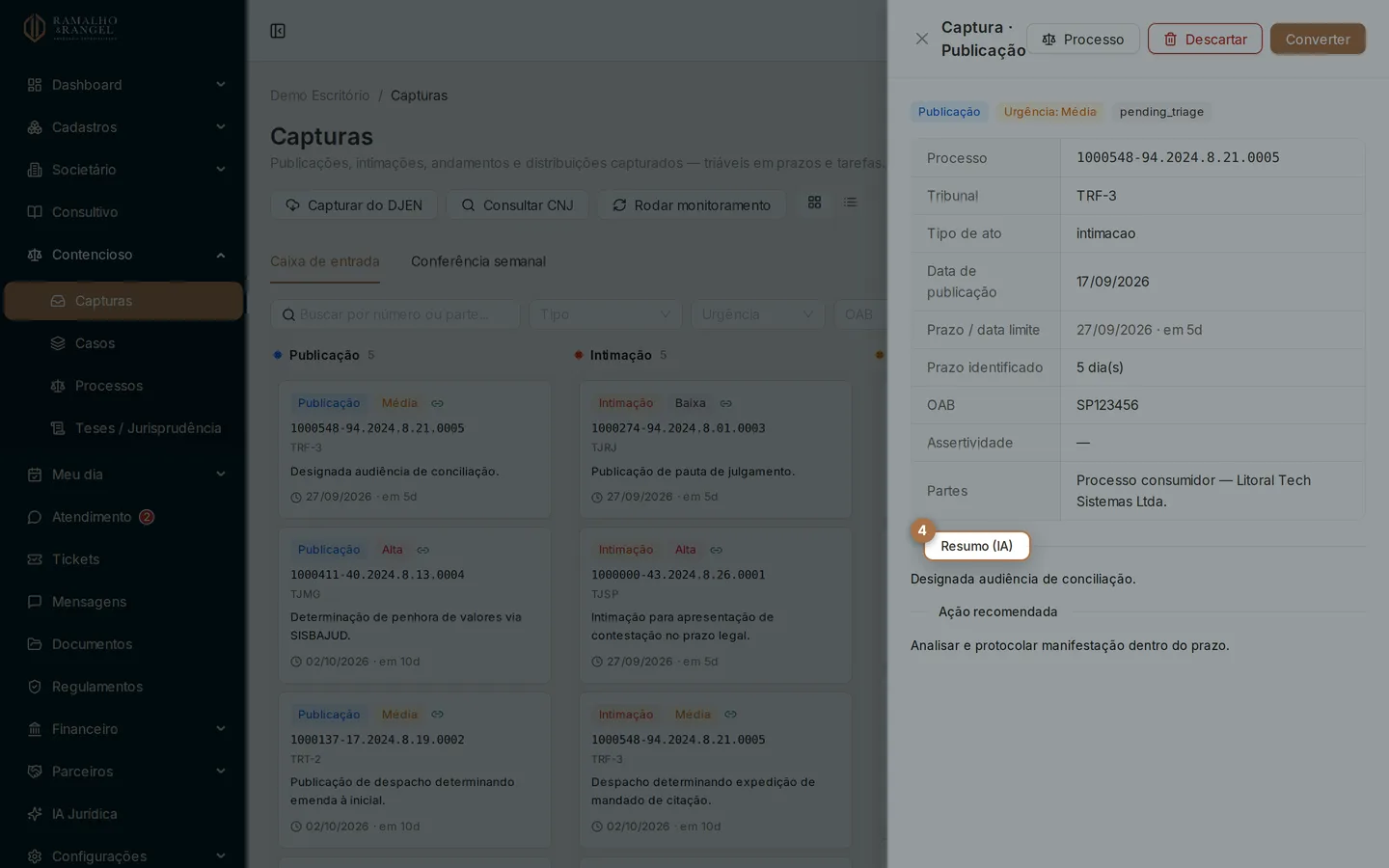 A leitura automática entrega resumo e ação recomendada. Prazo sugerido é ponto de partida: quem responde pelo prazo é quem tria.