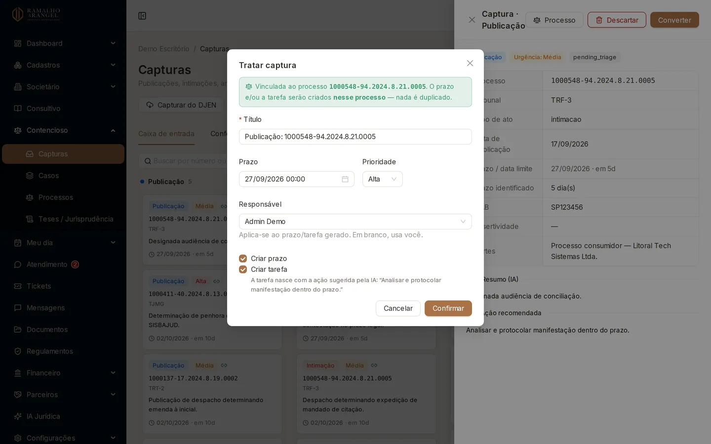 Converter abre a janela Tratar captura: ajuste título, prazo, prioridade e responsável e marque o que deve ser criado. Sem processo ligado, aparece também a opção de criá-lo.