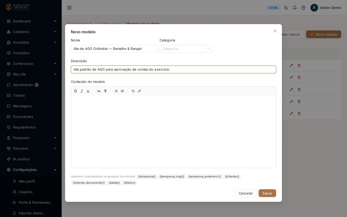 Nome, categoria, descrição e conteúdo: os quatro são obrigatórios. Sem descrição, quem for usar precisa abrir o texto inteiro para saber para que o modelo serve.