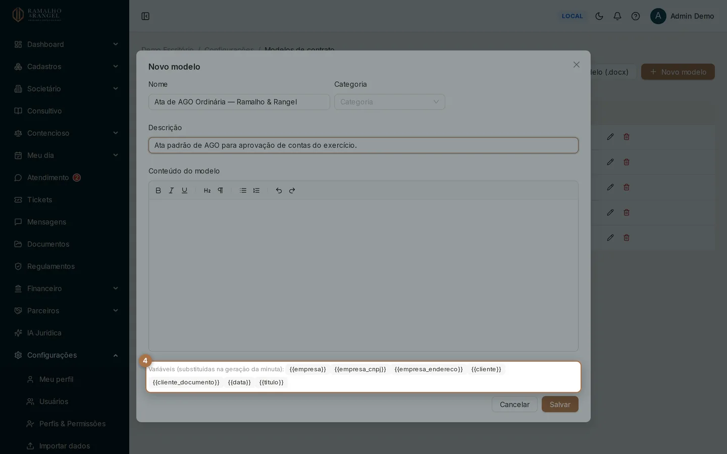 As variáveis ficam listadas embaixo do editor. Escreva exatamente como estão aqui: um nome fora do catálogo não é preenchido e alguém completa na mão.