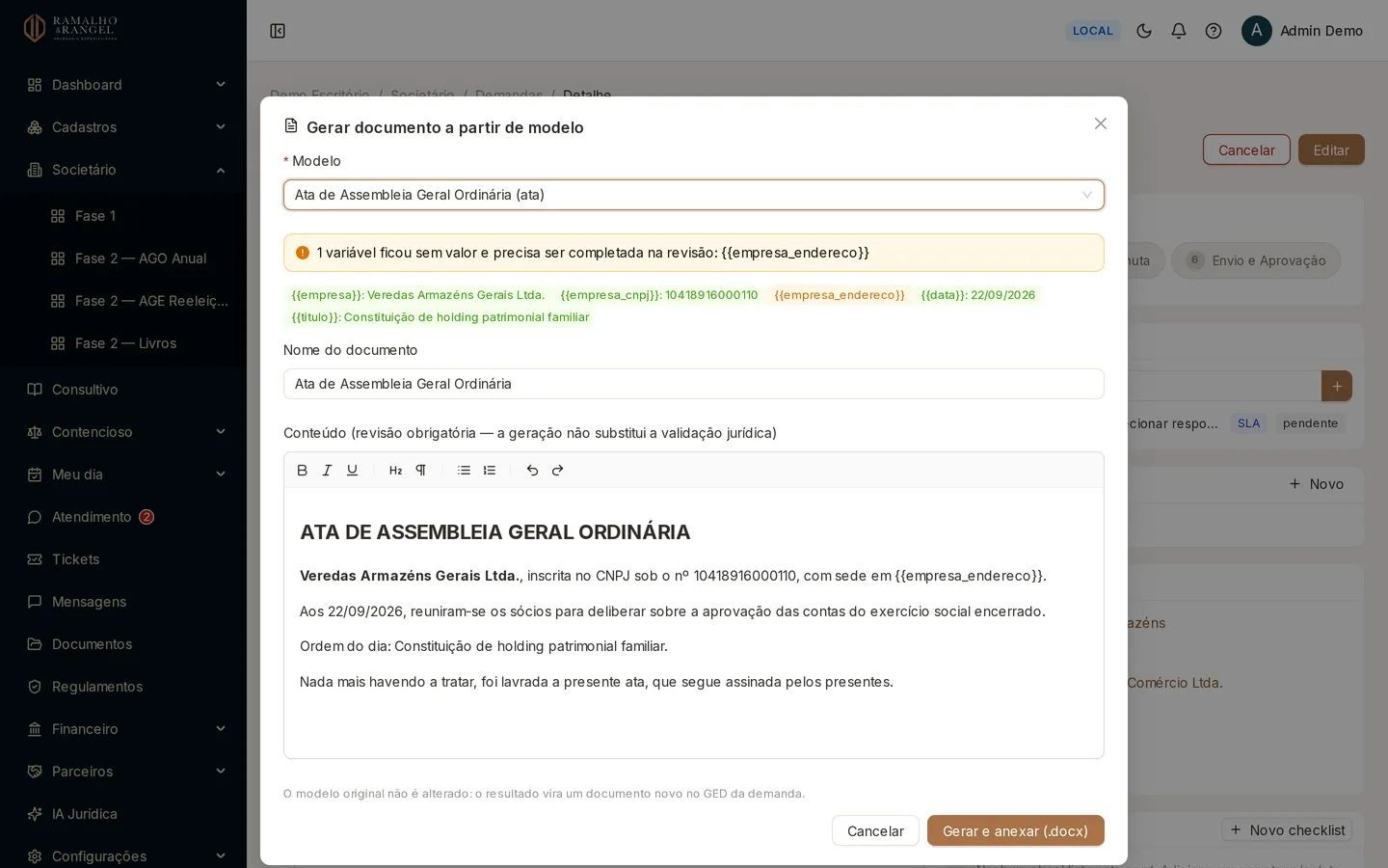 A prévia vem preenchida com os dados do caso: em verde as variáveis que o sistema resolveu, em laranja as que ficaram sem valor. O texto é editável — e a revisão continua sendo de quem assina.