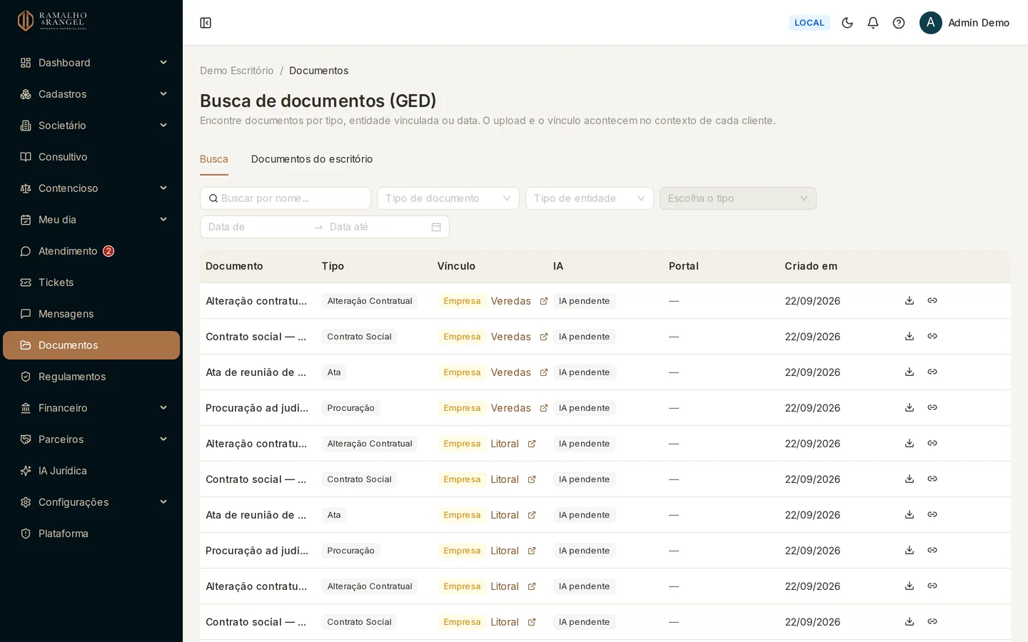 Documentos, no menu lateral, abre a busca do GED: ela atravessa empresas, pessoas, grupos, demandas e processos de uma vez.