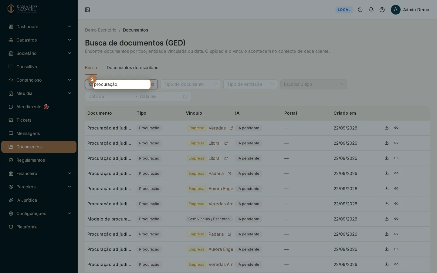 Buscar por nome procura um pedaço do nome do documento. Não diferencia maiúsculas, mas acentos contam: "peticao" não acha "Petição".