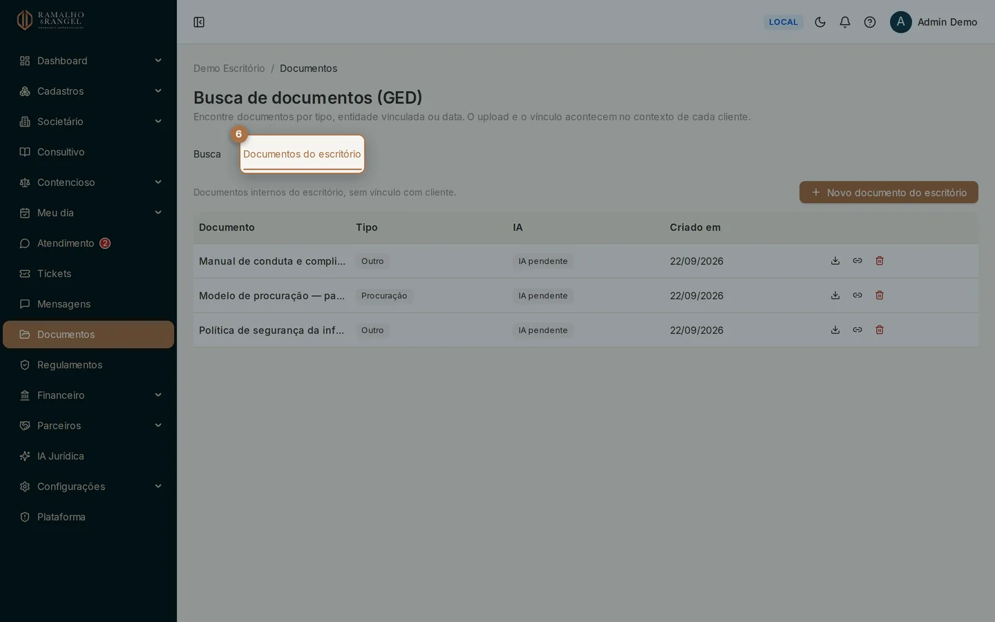Documento interno não tem cliente e por isso não aparece nos filtros por entidade: ele fica na aba Documentos do escritório.
