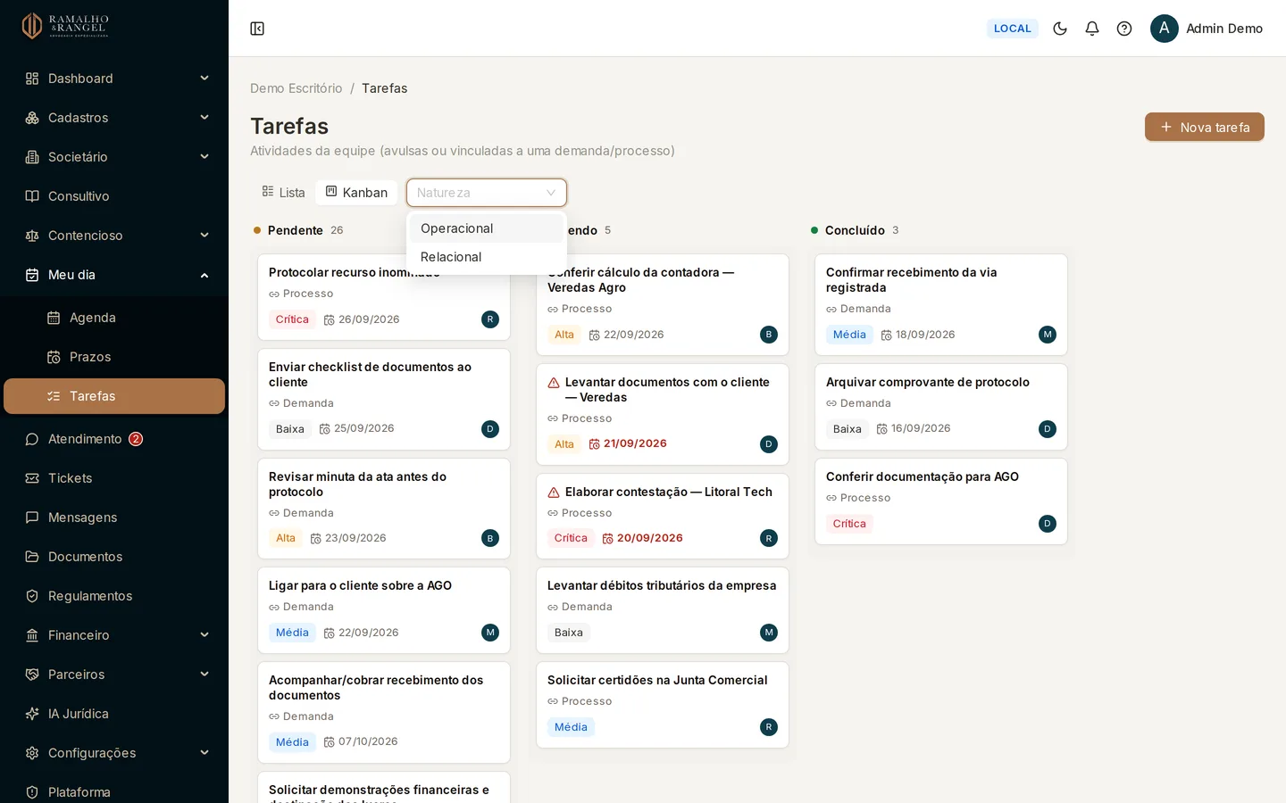 No quadro não há filtro de status — as colunas já são o status. Resta a Natureza, que separa o Operacional (fazer no processo) do Relacional (falar com o cliente).