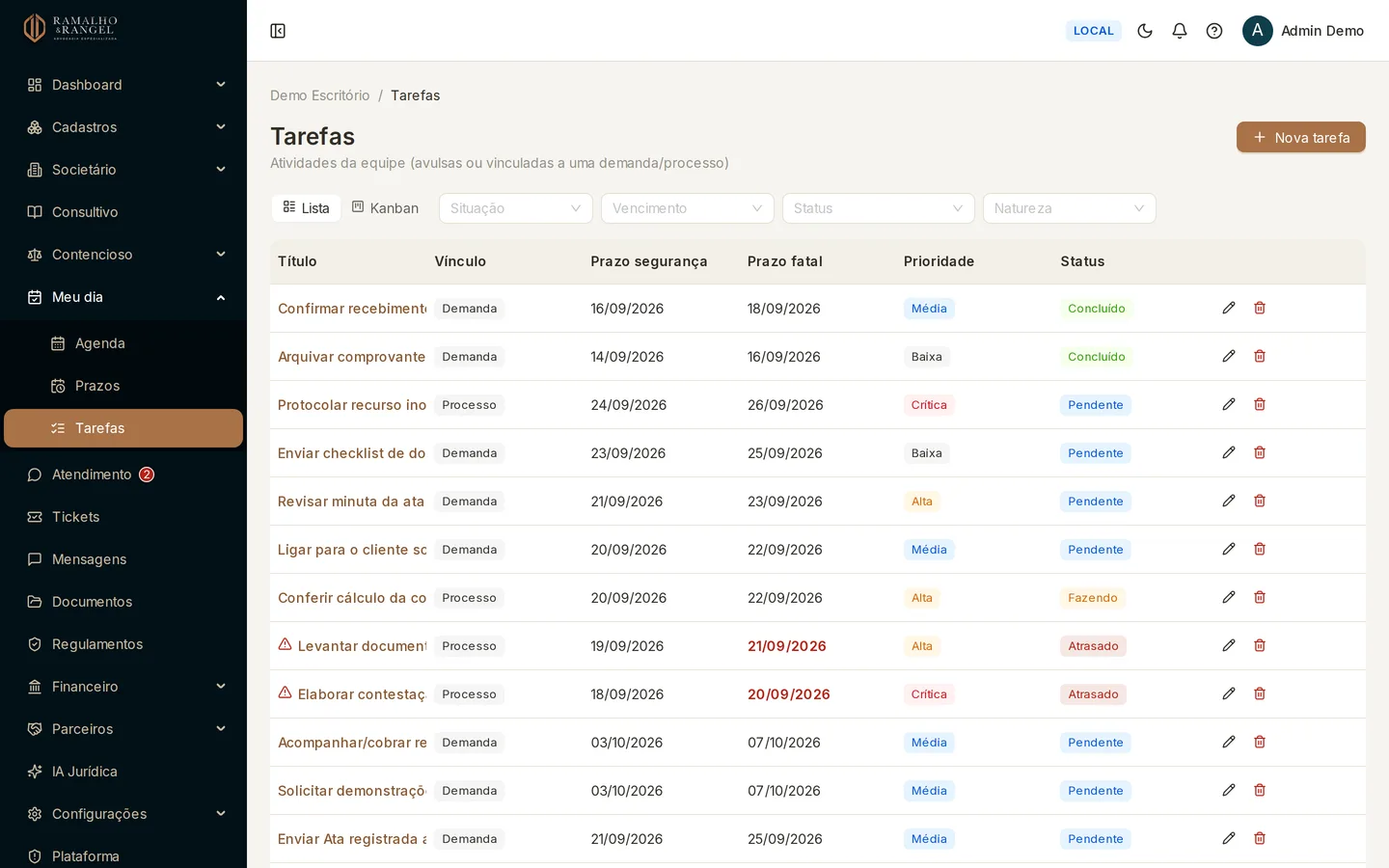 Meu dia › Tarefas é a fila de trabalho da equipe. A lista abre com as tarefas mais recentes primeiro e mostra prazo de segurança, prazo fatal, prioridade e status.