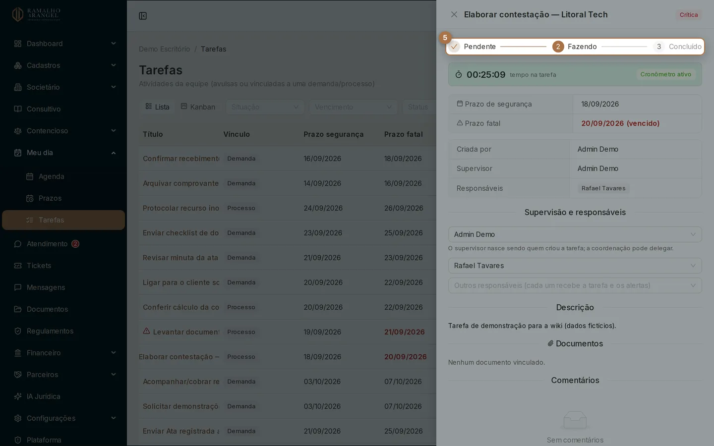 A esteira tem três etapas: Pendente, Fazendo e Concluído. Ao concluir, o cronômetro é encerrado, o tempo entra no total e a data de conclusão é gravada.