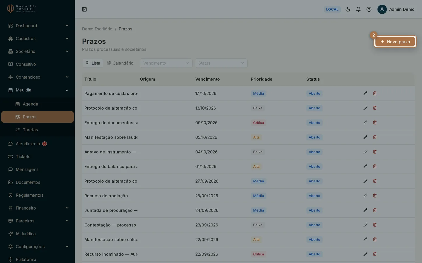 Clique em Novo prazo, no canto superior direito. Pelo calendário, clicar direto num dia já abre o cadastro com aquela data.