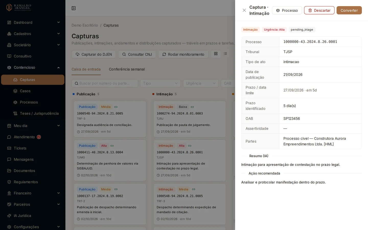 Abra o item. O painel mostra o processo identificado, o tribunal, a data limite que o sistema conseguiu ler e o resumo da IA.