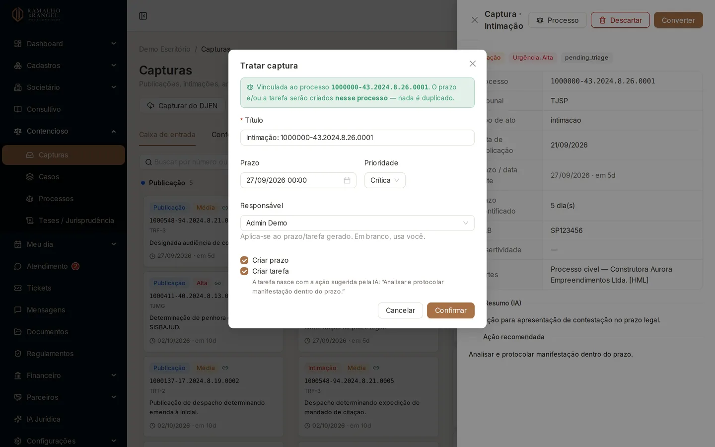 A data já vem sugerida. O sistema tenta, nesta ordem: o que você digitar, a data lida na publicação, a regra de área × tipo e, por último, o prazo genérico.
