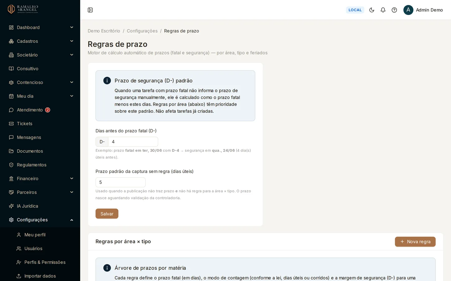 Quando a publicação não traz data, a conta sai de Configurações › Regras de prazo: uma regra por área e tipo, com o modo de contagem e a margem de segurança.