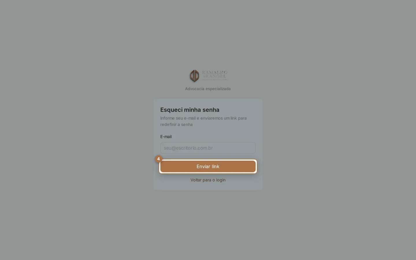 Informe o e-mail e envie o link. A tela responde sempre a mesma mensagem, exista ou não uma conta com aquele endereço — o que chega, ou não, é o e-mail.