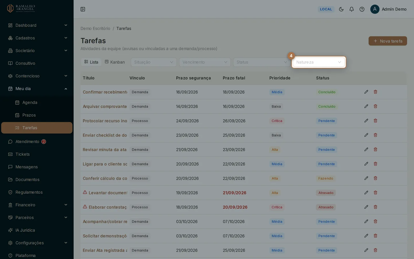 Em Tarefas, a Natureza separa o trabalho no processo ou na demanda (Operacional) do contato com cliente e parceiro (Relacional).