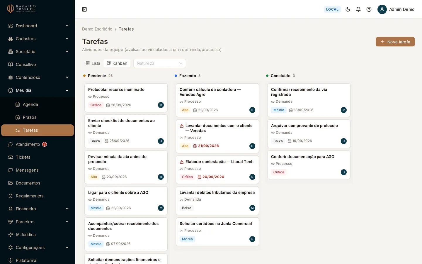 A visão Kanban mostra as três situações: Pendente, Fazendo e Concluído. O status só avança — não há como voltar.
