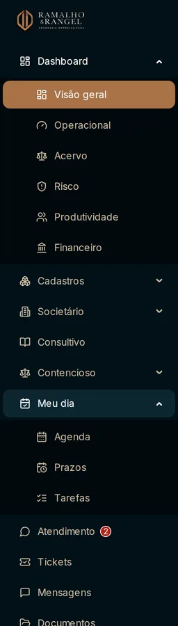 O menu lateral é o mapa do sistema. Os grupos abrem ao clicar e o item em que você está fica destacado.