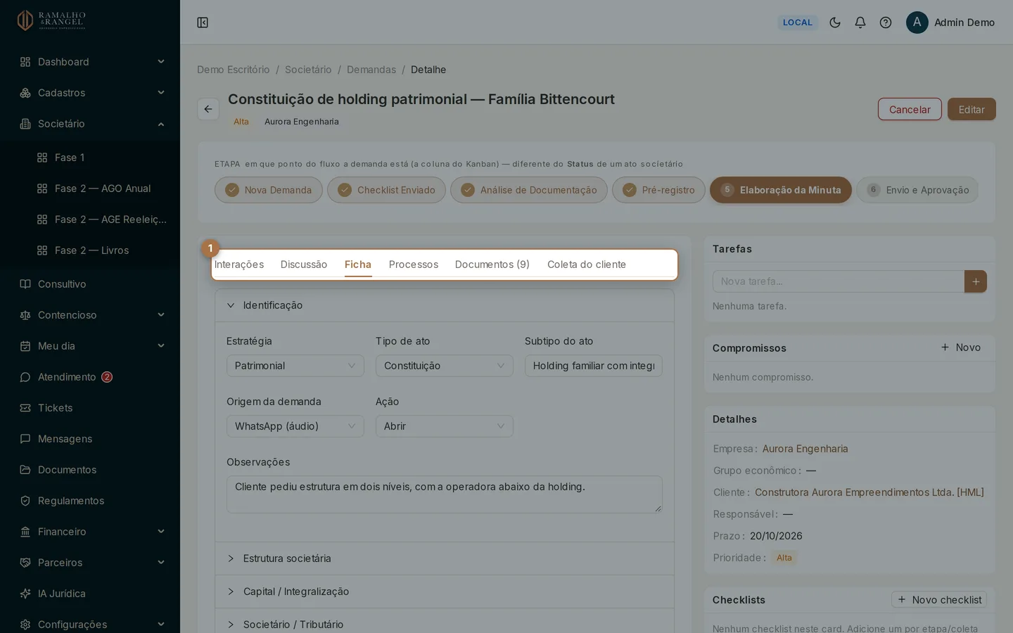 Abra a demanda e vá na aba Ficha: é ali que ficam os dados do ato societário.