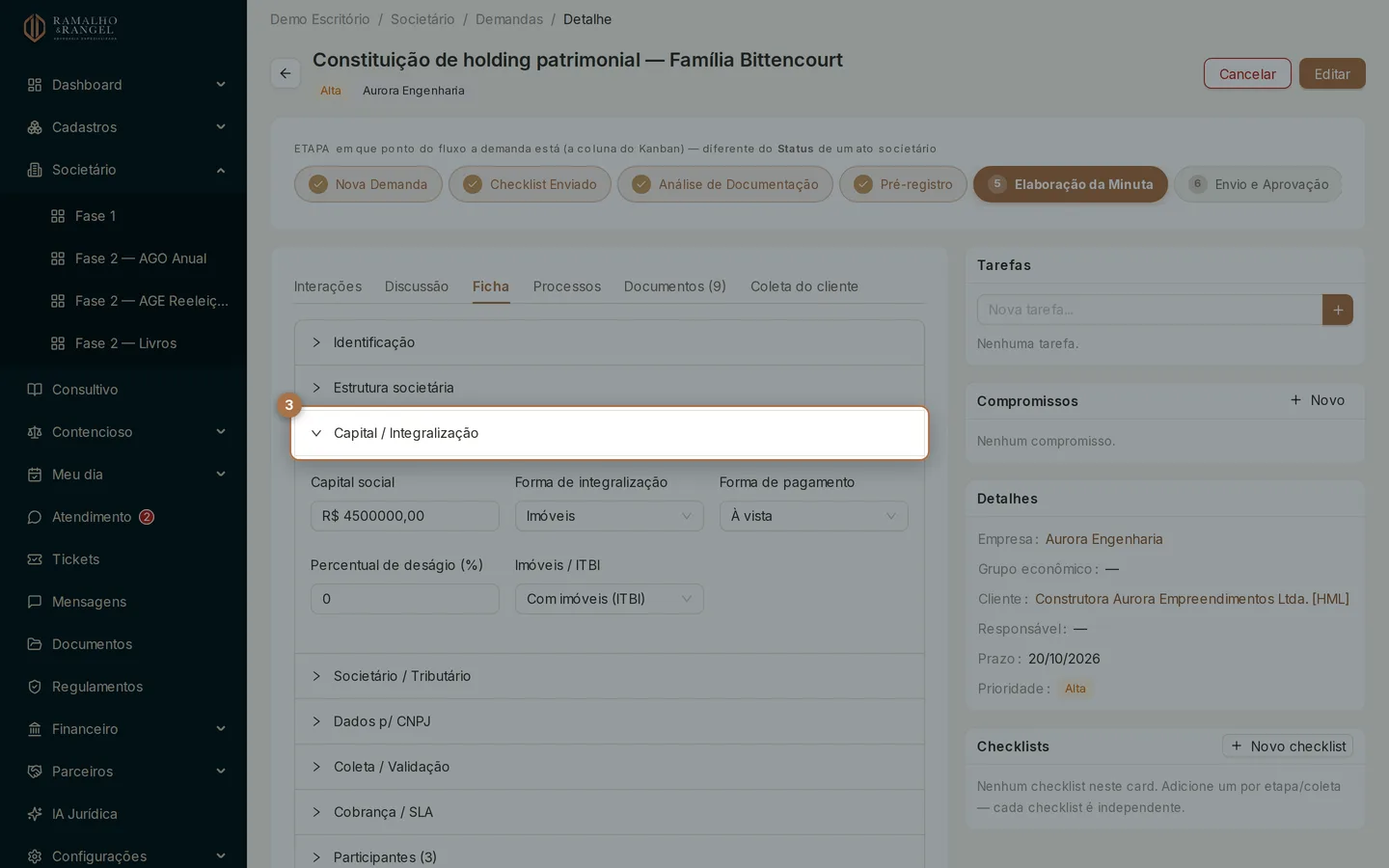 Em capital e integralização entram o valor, como o capital será integralizado e se há imóveis com ITBI.