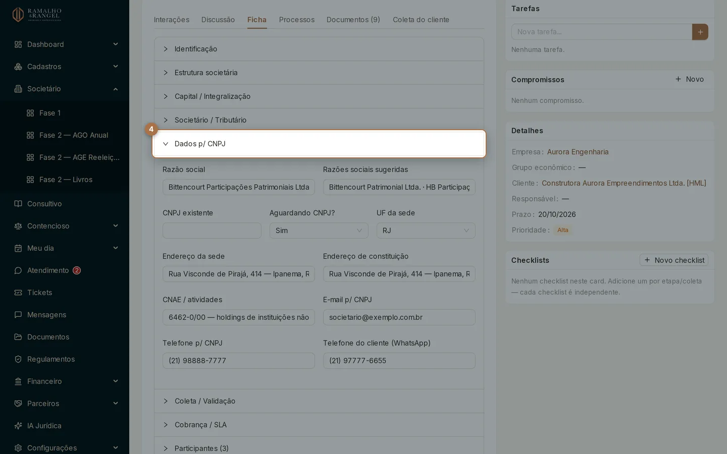 O bloco do CNPJ reúne razão social pretendida, endereços, CNAE e os contatos que vão para a inscrição.