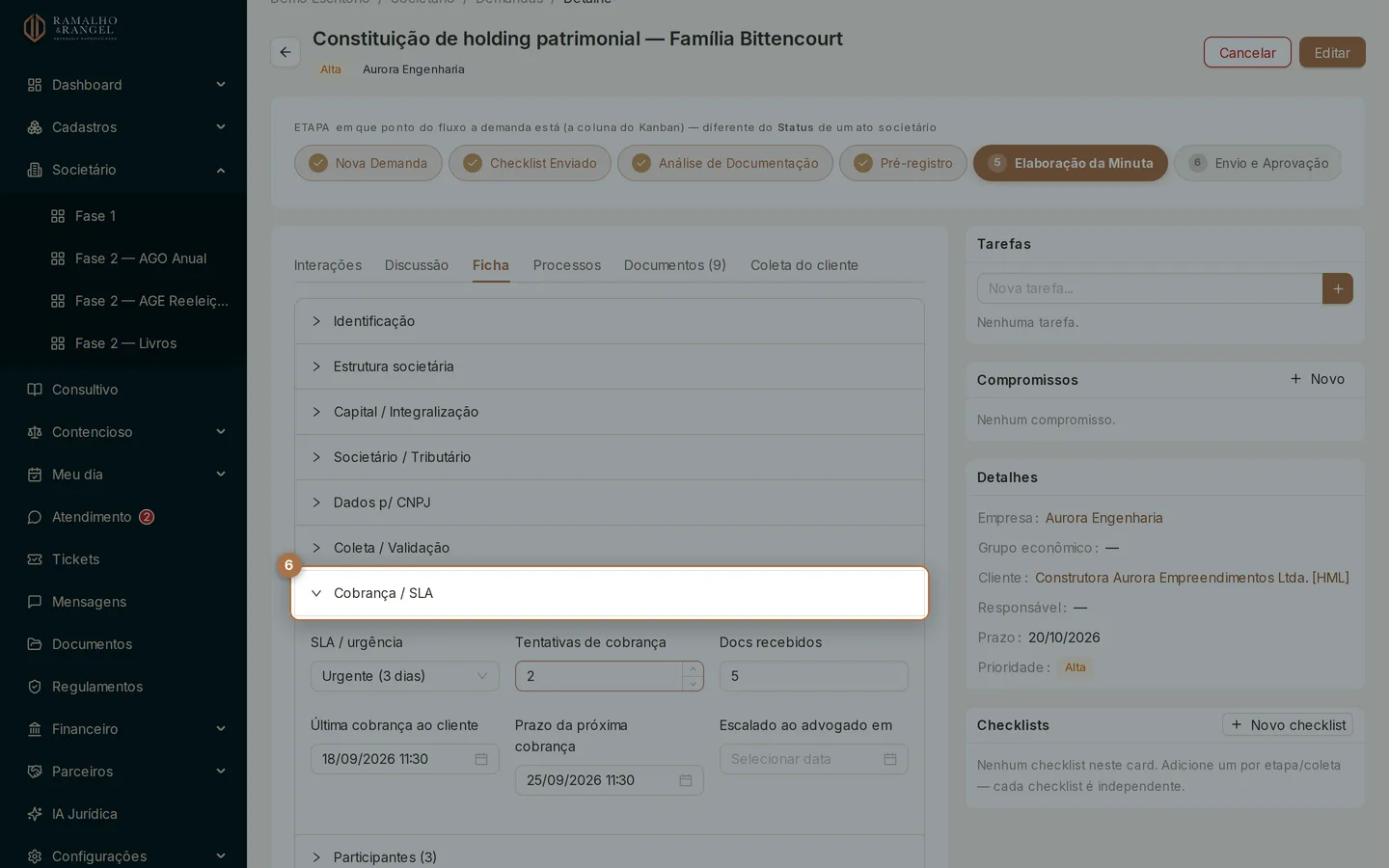 Cobrança e SLA guardam a urgência combinada, quantas vezes o cliente já foi cobrado e quando será a próxima.