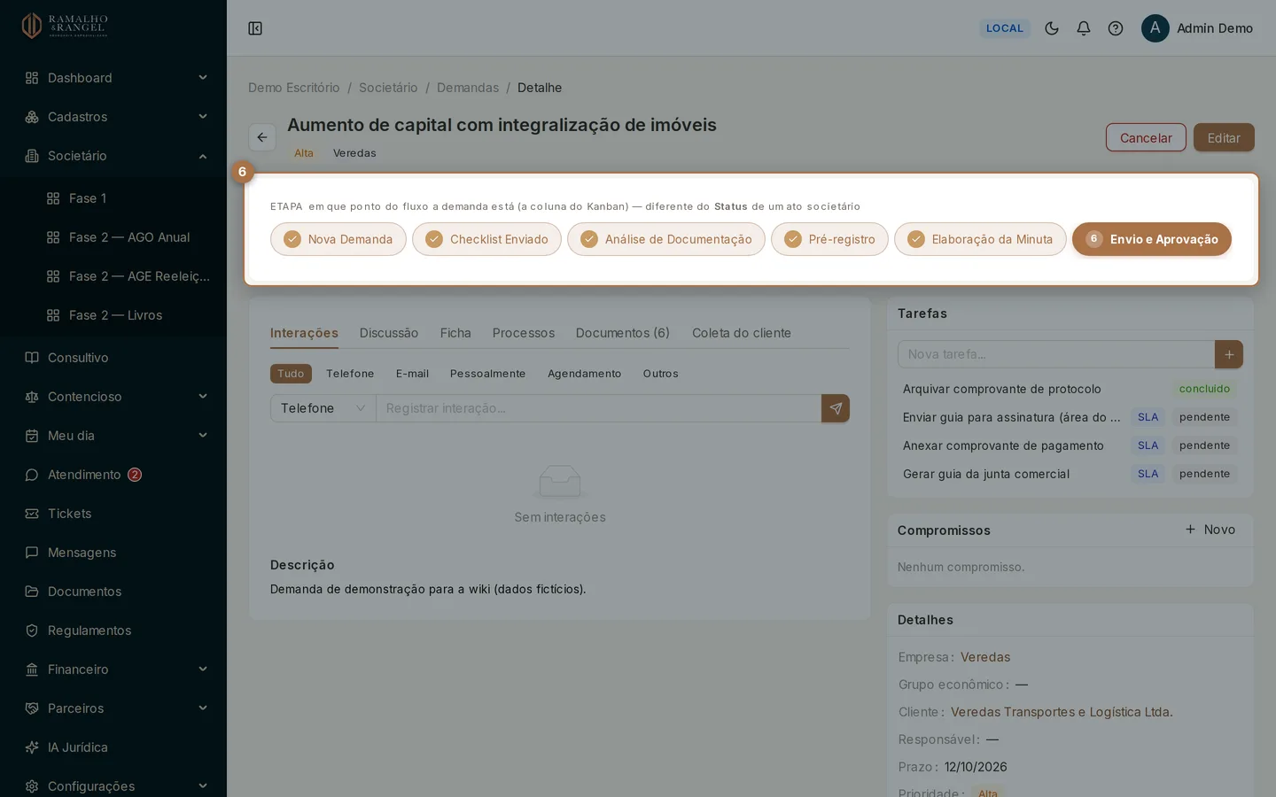 Ao abrir um card, a esteira mostra a etapa atual e o caminho já percorrido pela demanda.